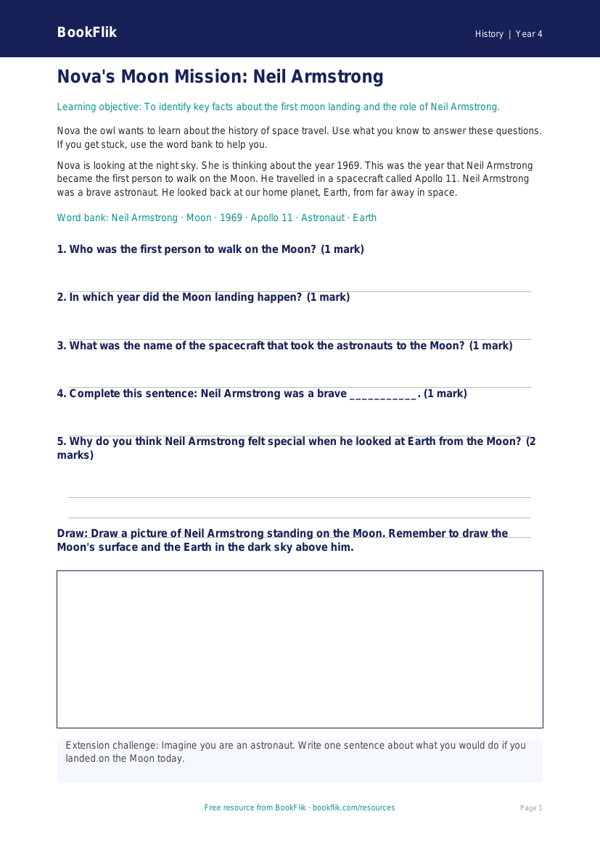 Free Neil Armstrong Worksheet | Year 4 Supported | BookFlik worksheet preview — History Neil Armstrong