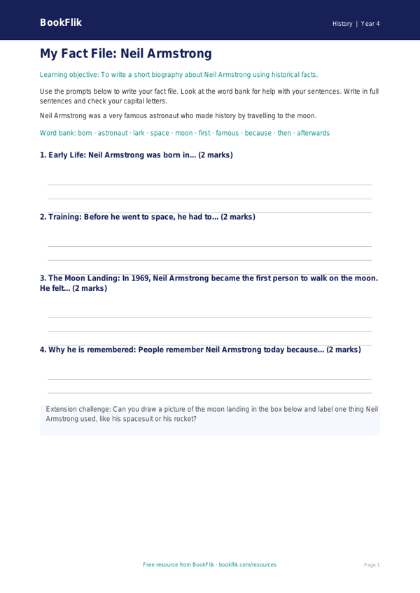 Free Neil Armstrong Writing Frame | Year 4 Supported | BookFlik worksheet preview — History Neil Armstrong