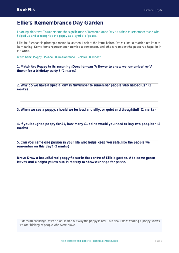 Free Remembrance Day Activity Sheet | EYFS Core | BookFlik worksheet preview — History Remembrance Day