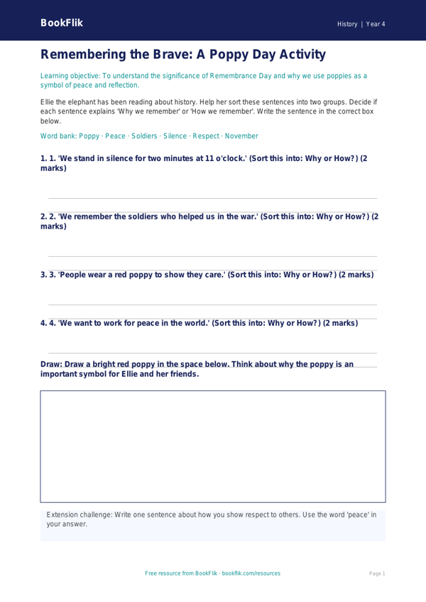 Free Remembrance Day Activity Sheet | Year 4 Supported | BookFlik worksheet preview — History Remembrance Day