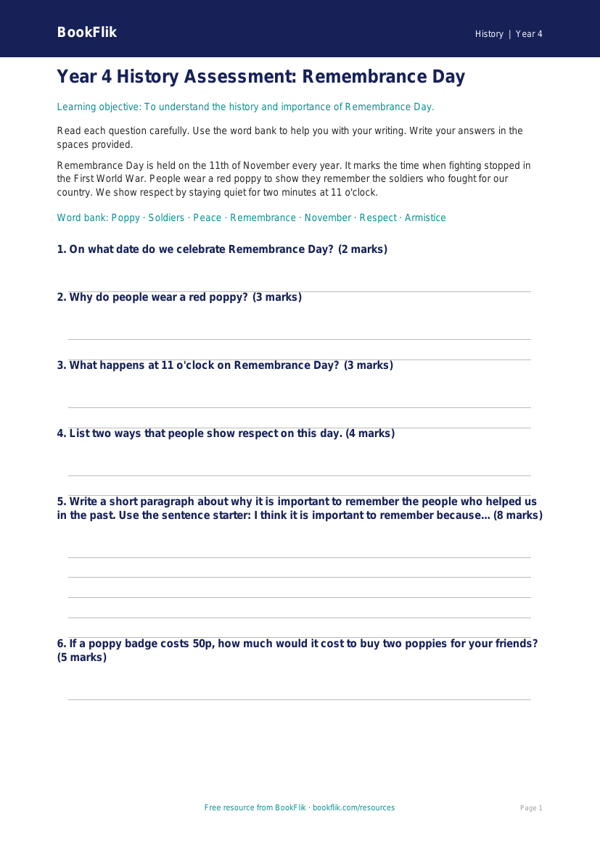 Free Remembrance Day Assessment | Year 4 Supported | BookFlik worksheet preview — History Remembrance Day