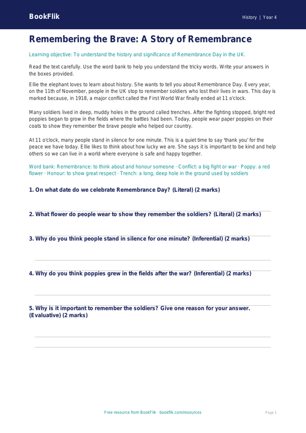 Free Remembrance Day Comprehension | Year 4 Supported | BookFlik worksheet preview — History Remembrance Day