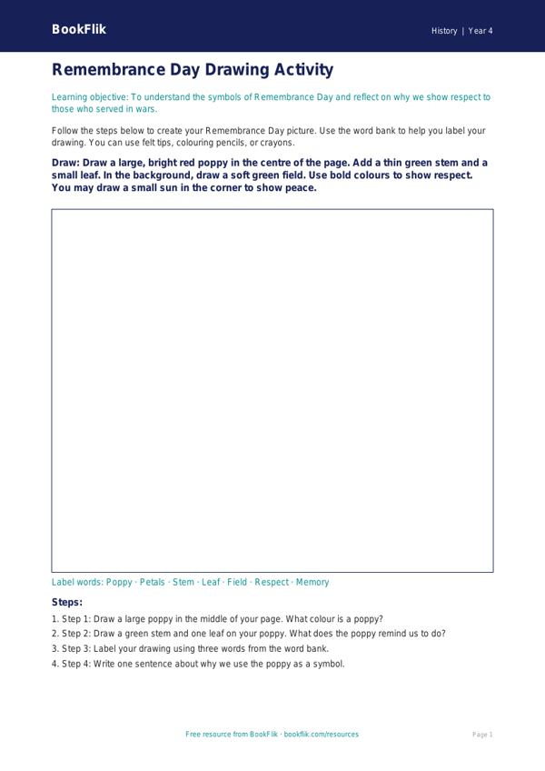 Free Remembrance Day Drawing Sheet | Year 4 Supported | BookFlik worksheet preview — History Remembrance Day