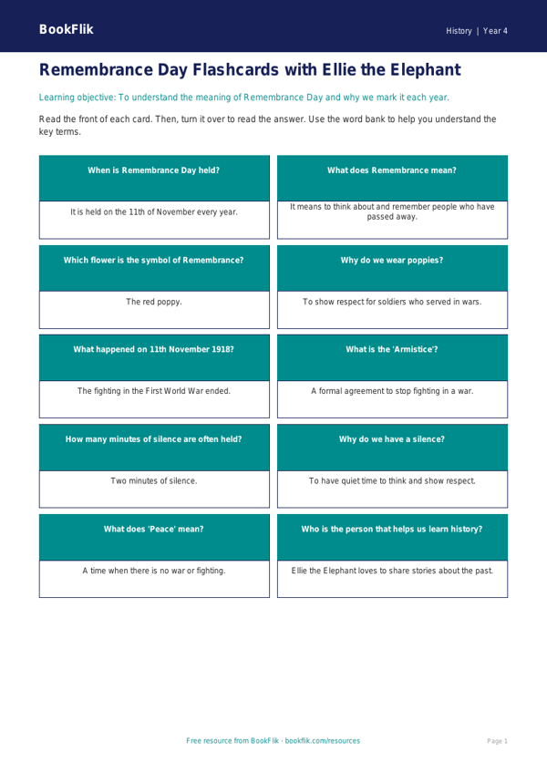 Free Remembrance Day Flashcards | Year 4 Supported | BookFlik worksheet preview — History Remembrance Day