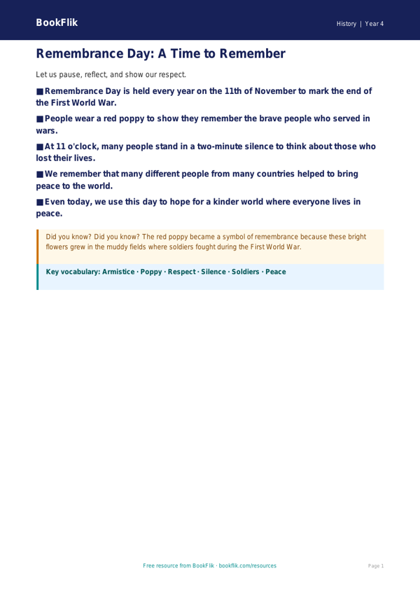 Free Remembrance Day Poster | Year 4 Supported | BookFlik worksheet preview — History Remembrance Day