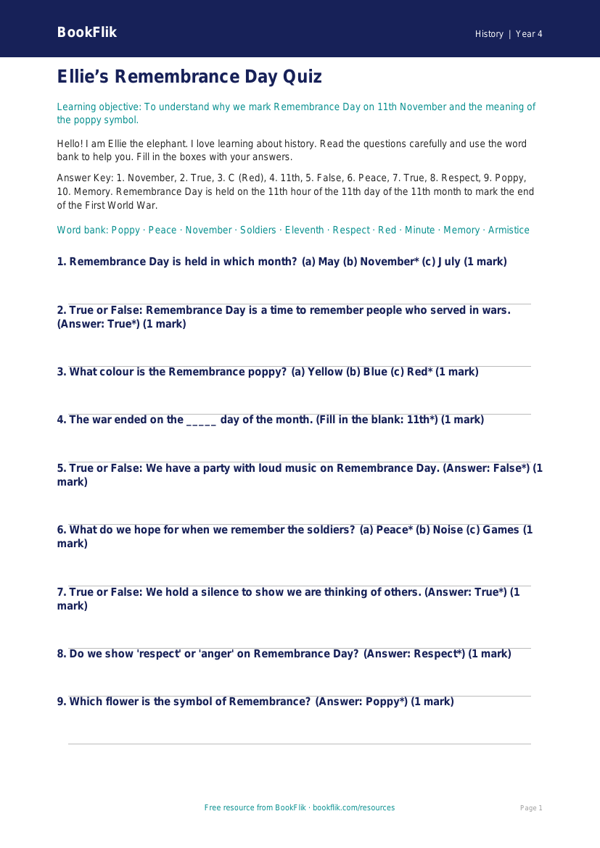 Free Remembrance Day Quiz | Year 4 Supported | BookFlik worksheet preview — History Remembrance Day