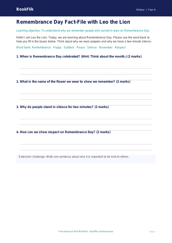 Free Remembrance Day Template | Year 4 Supported | BookFlik worksheet preview — History Remembrance Day