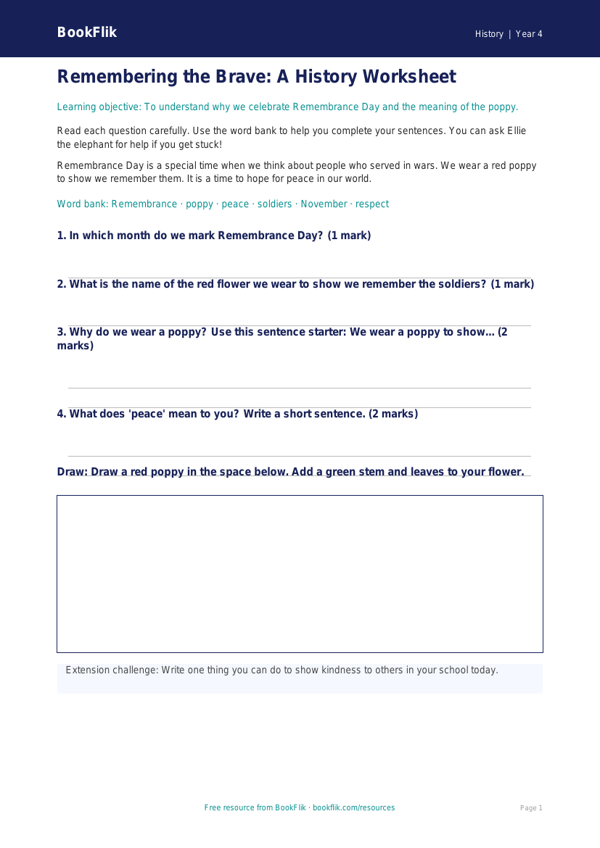 Free Remembrance Day Worksheet | Year 4 Supported | BookFlik worksheet preview — History Remembrance Day