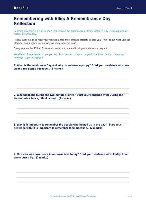 Free Remembrance Day Writing Frame | Year 4 Supported | BookFlik worksheet preview — History Remembrance Day