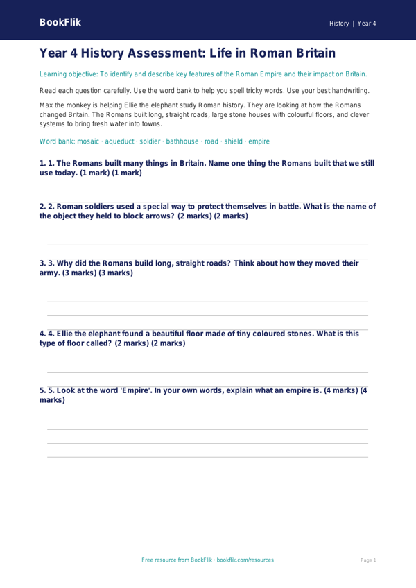 Free Romans Assessment | Year 4 Supported | BookFlik worksheet preview — History Romans