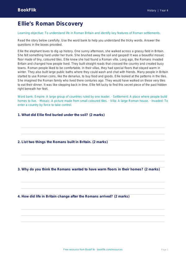 Free Romans Comprehension | Year 4 Supported | BookFlik worksheet preview — History Romans