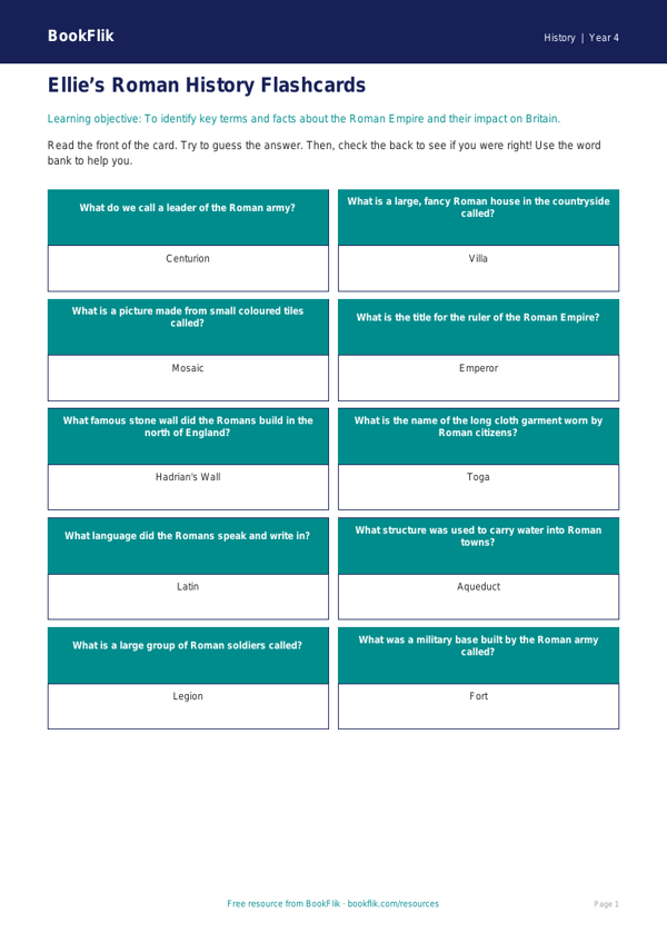 Free Romans Flashcards | Year 4 Supported | BookFlik worksheet preview — History Romans