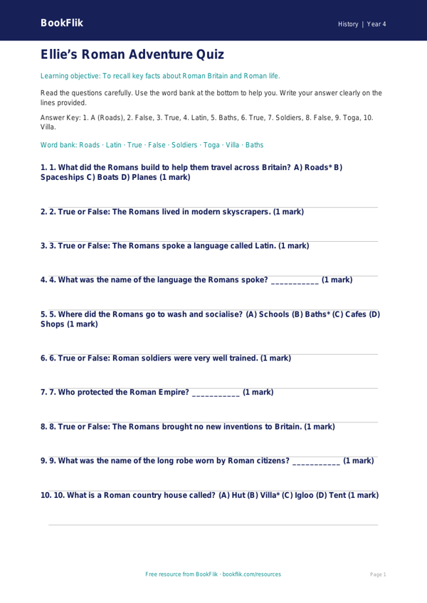 Free Romans Quiz | Year 4 Supported | BookFlik worksheet preview — History Romans