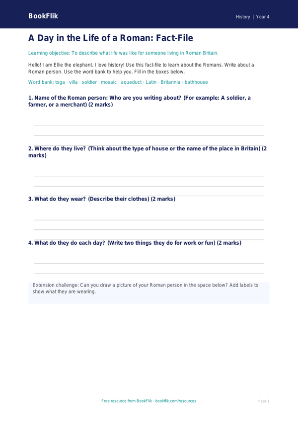 Free Romans Template | Year 4 Supported | BookFlik worksheet preview — History Romans