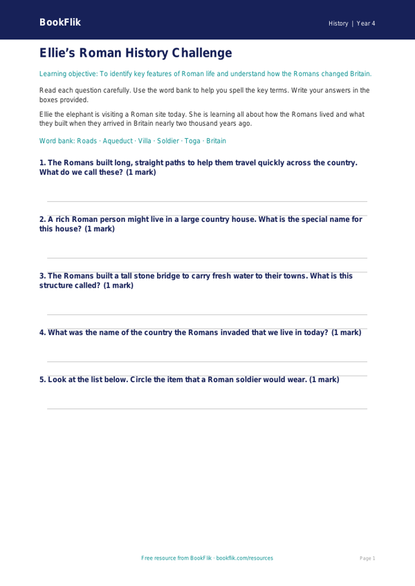 Free Romans Worksheet | Year 4 Supported | BookFlik worksheet preview — History Romans