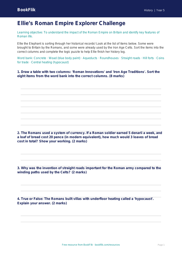 Free Romans Activity Sheet | Year 5 Core | BookFlik worksheet preview — History Romans