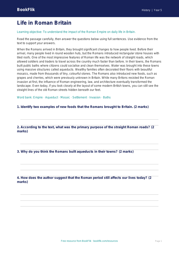 Free Romans Comprehension | Year 5 Core | BookFlik worksheet preview — History Romans