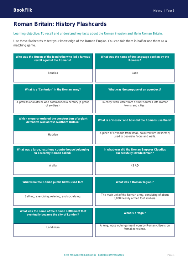 Free Romans Flashcards | Year 5 Core | BookFlik worksheet preview — History Romans