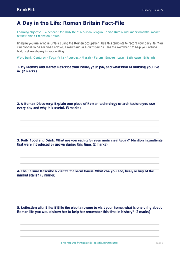 Free Romans Template | Year 5 Core | BookFlik worksheet preview — History Romans
