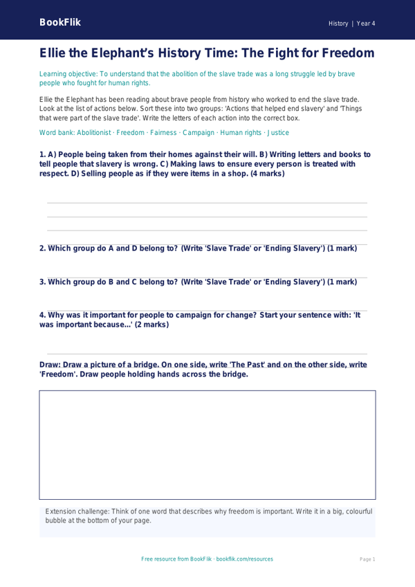 Free Slavery Activity Sheet | Year 4 Supported | BookFlik worksheet preview — History Slavery