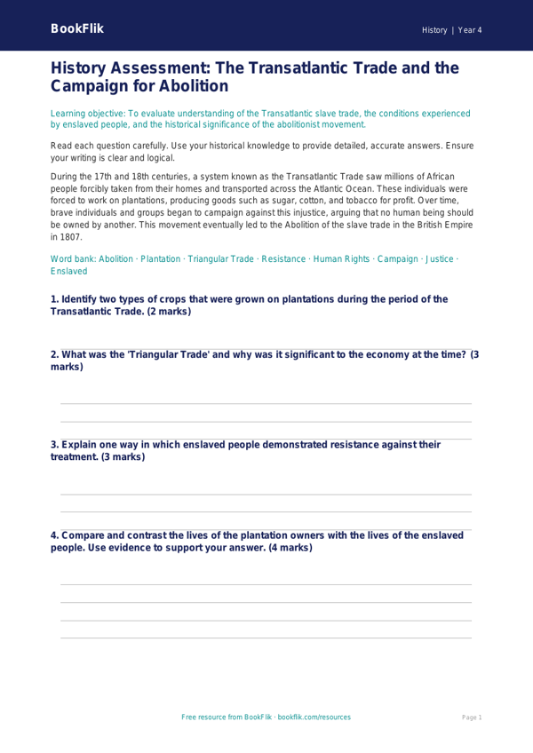 Free Slavery Assessment | Year 4 Greater Depth | BookFlik worksheet preview — History Slavery