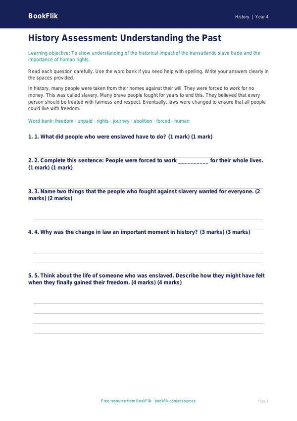 Free Slavery Assessment | Year 4 Supported | BookFlik worksheet preview — History Slavery