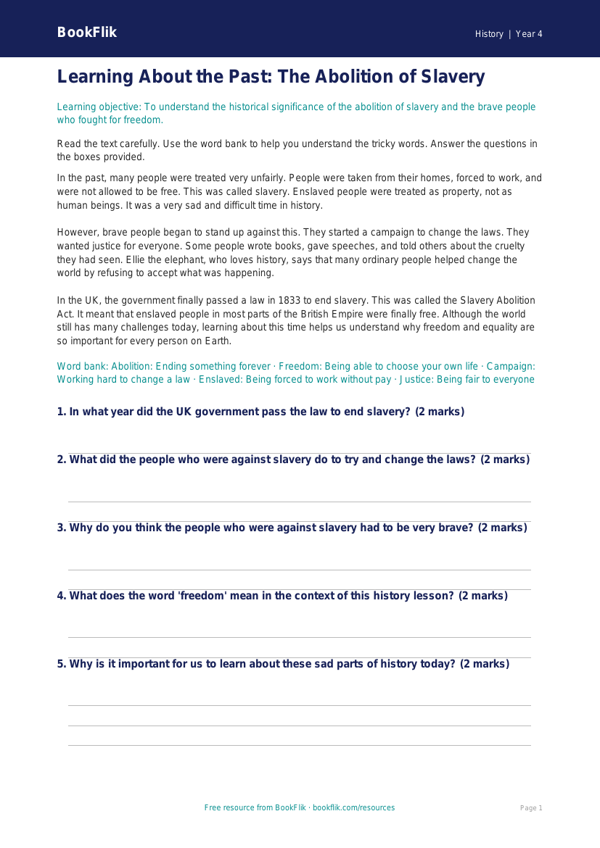 Free Slavery Comprehension | Year 4 Supported | BookFlik worksheet preview — History Slavery