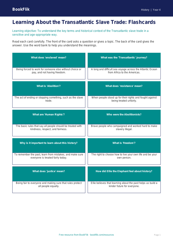 Free Slavery Flashcards | Year 4 Supported | BookFlik worksheet preview — History Slavery
