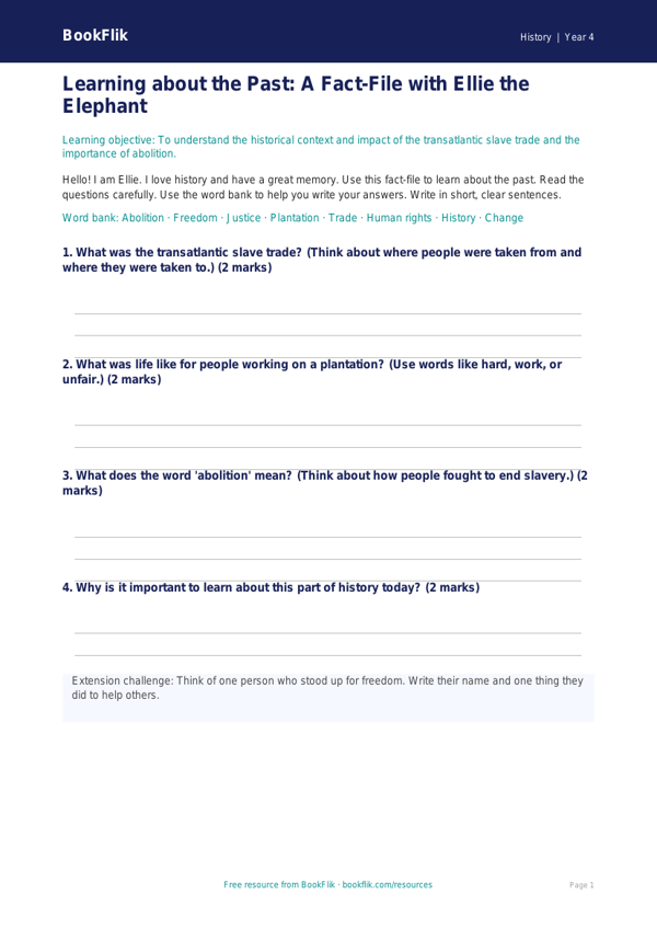 Free Slavery Template | Year 4 Supported | BookFlik worksheet preview — History Slavery