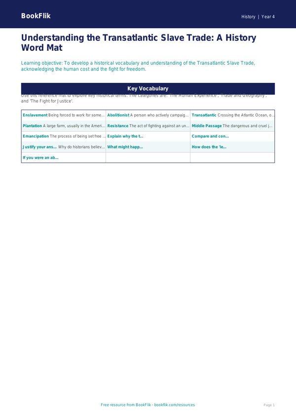 Free Slavery Word Mat | Year 4 Greater Depth | BookFlik worksheet preview — History Slavery