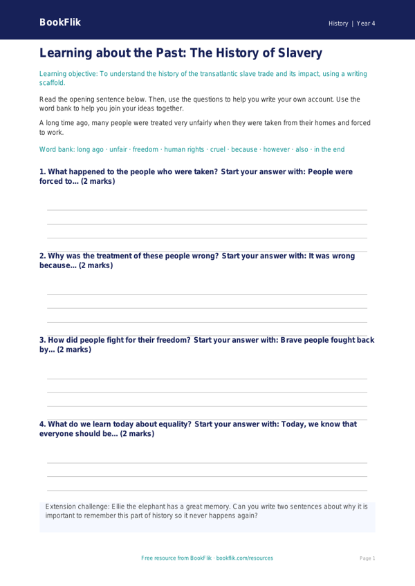 Free Slavery Writing Frame | Year 4 Supported | BookFlik worksheet preview — History Slavery