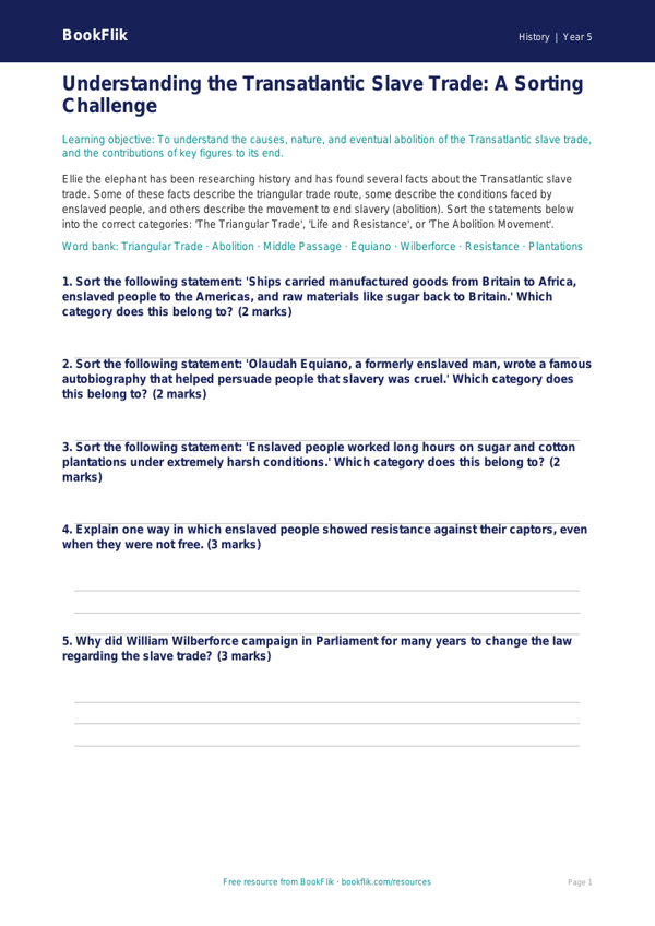 Free Slavery Activity Sheet | Year 5 Core | BookFlik worksheet preview — History Slavery