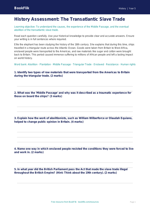 Free Slavery Assessment | Year 5 Core | BookFlik worksheet preview — History Slavery