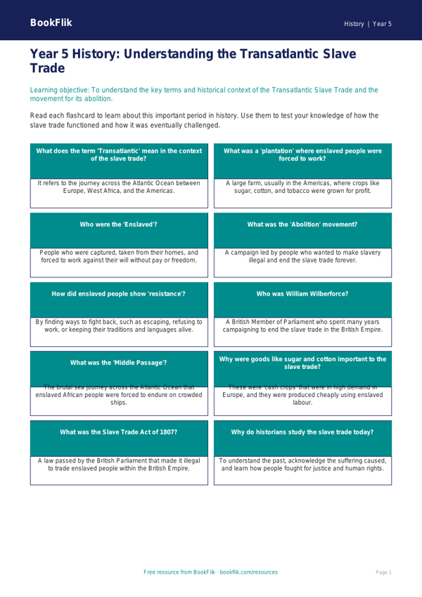 Free Slavery Flashcards | Year 5 Core | BookFlik worksheet preview — History Slavery