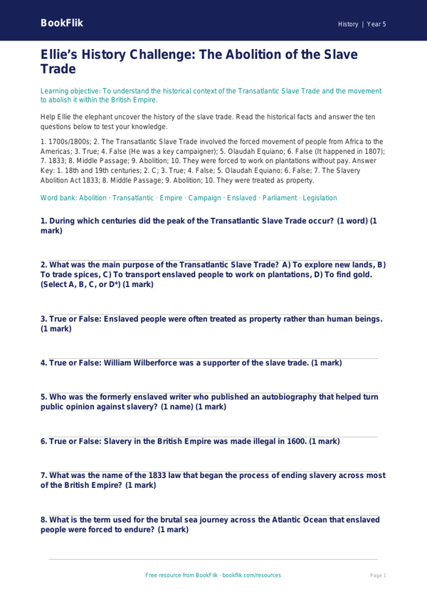 Free Slavery Quiz | Year 5 Core | BookFlik worksheet preview — History Slavery
