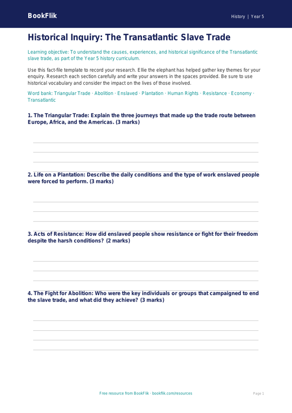 Free Slavery History Worksheet | Year 5 Core | BookFlik worksheet preview — History Slavery