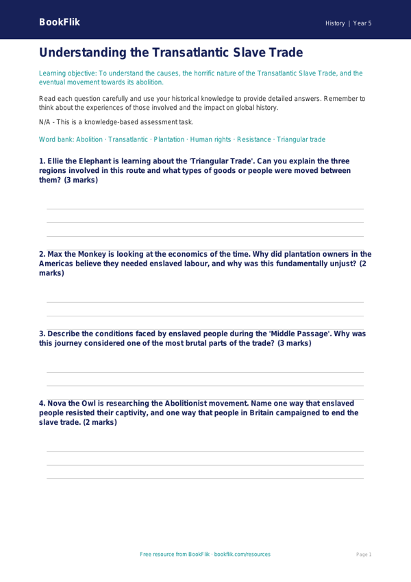 Free Slavery Worksheet | Year 5 Core | BookFlik worksheet preview — History Slavery