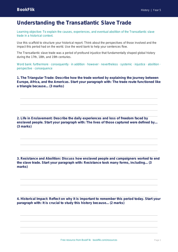 Free Slavery Writing Frame | Year 5 Core | BookFlik worksheet preview — History Slavery