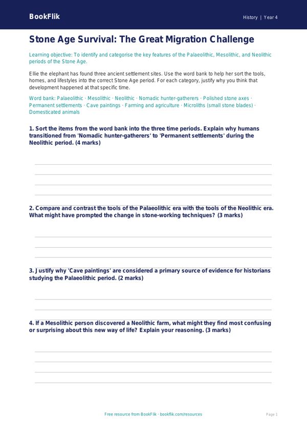 Free Stone Age Activity Sheet | Year 4 Greater Depth | BookFlik worksheet preview — History Stone Age