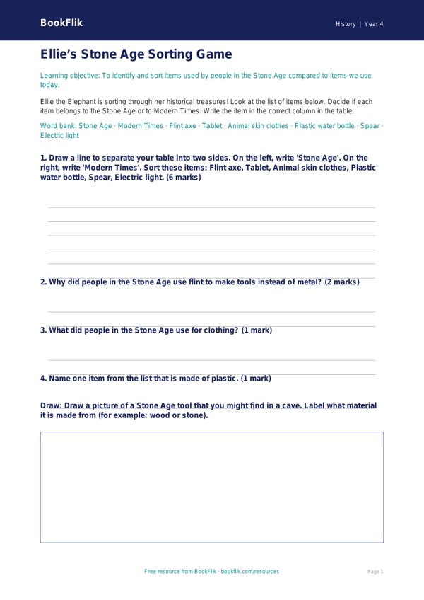 Free Stone Age Activity Sheet | Year 4 Supported | BookFlik worksheet preview — History Stone Age