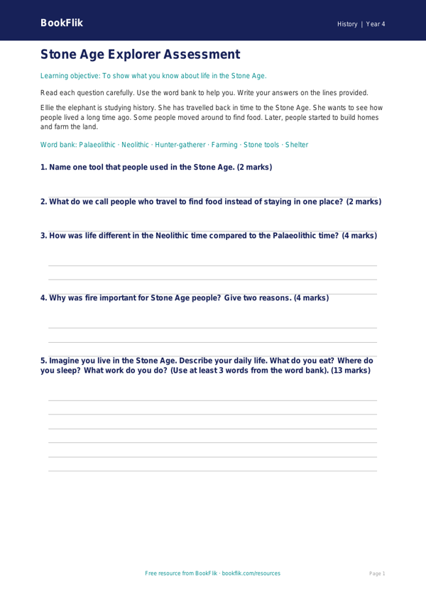 Free Stone Age Assessment | Year 4 Supported | BookFlik worksheet preview — History Stone Age