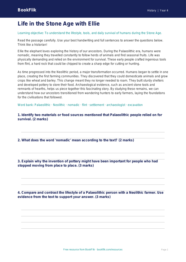 Free Stone Age Comprehension | Year 4 Greater Depth | BookFlik worksheet preview — History Stone Age