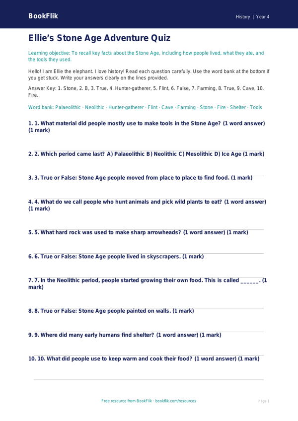 Free Stone Age Quiz | Year 4 Supported | BookFlik worksheet preview — History Stone Age