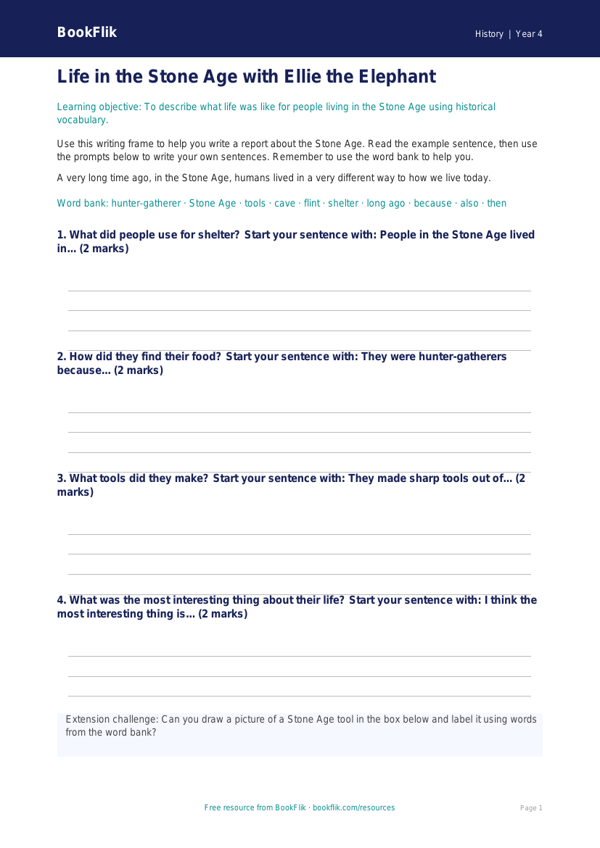 Free Stone Age Writing Frame | Year 4 Supported | BookFlik worksheet preview — History Stone Age