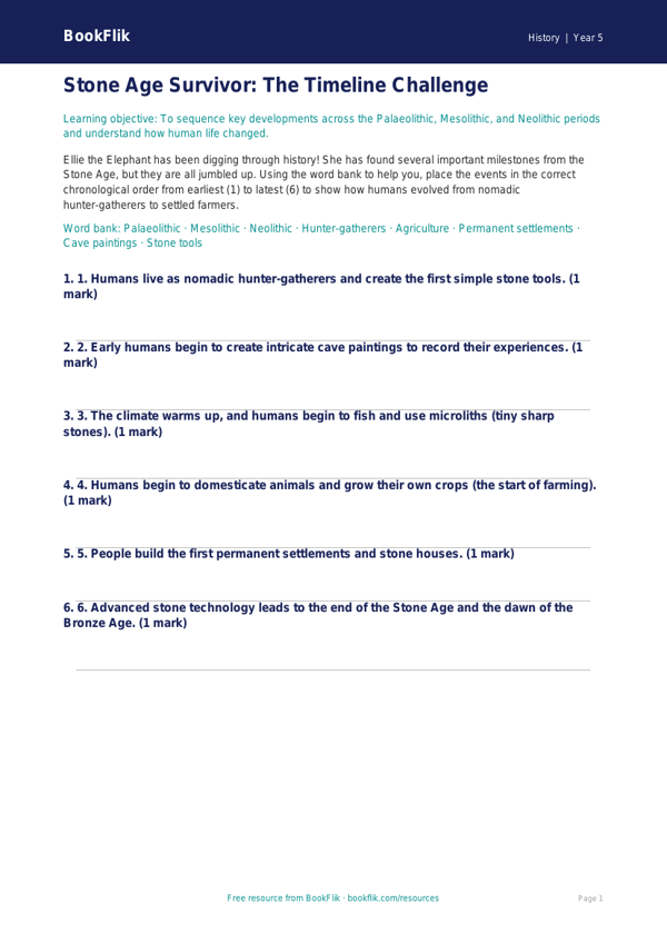 Free Stone Age Activity Sheet | Year 5 Core | BookFlik worksheet preview — History Stone Age