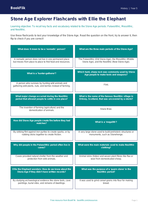 Free Stone Age Flashcards | Year 5 History Resource | BookFlik worksheet preview — History Stone Age