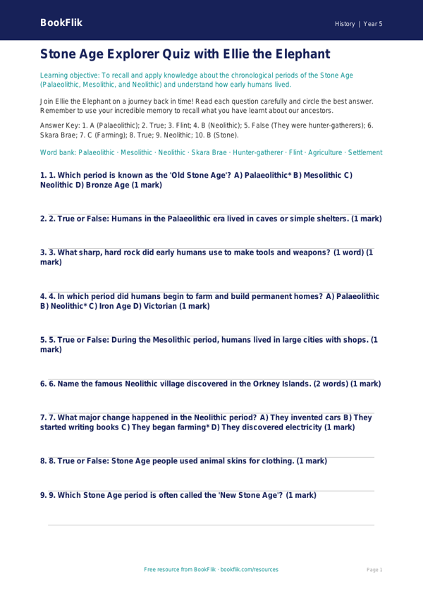 Free Stone Age Quiz | Year 5 Core | BookFlik worksheet preview — History Stone Age