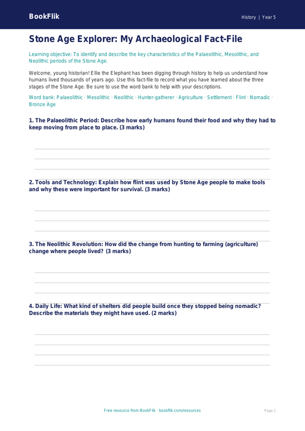 Free Stone Age Template | Year 5 Core | BookFlik worksheet preview — History Stone Age
