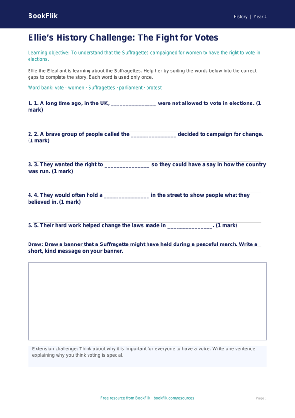 Free Suffragettes Activity Sheet | Year 4 Supported | BookFlik worksheet preview — History Suffragettes