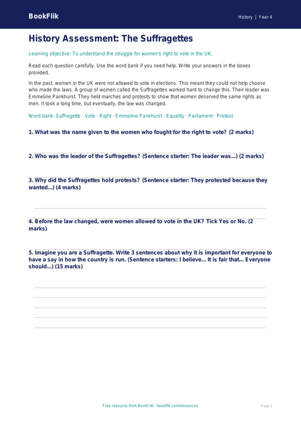 Free Suffragettes Assessment | Year 4 Supported | BookFlik worksheet preview — History Suffragettes
